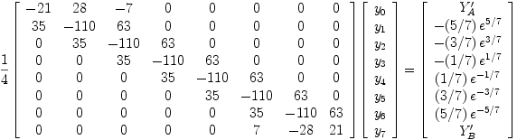 Version discrétisée (à l'ordre 2, sur 8 points équidistants) de l'équation différentielle, avec conditions aux limites de type Neumann